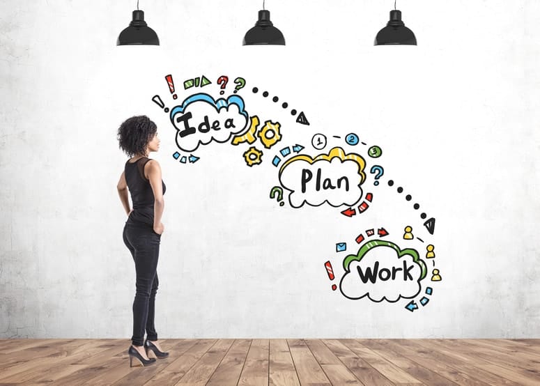 Woman standing in front of a white wall. Thinking about her ideal business.